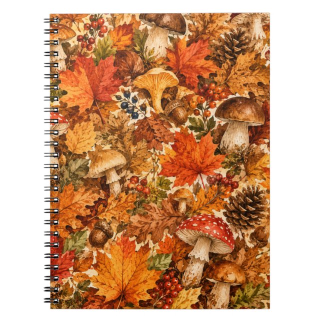 Autumn Forest Mushroom Pattern | Cosy Fall Leaves Notebook (Front)