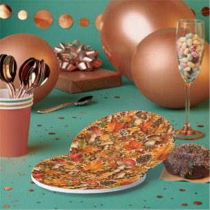 Autumn Forest Mushroom Pattern Cosy Fall Leaves Paper Plate