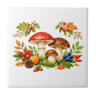 Autumn Forest Mushrooms, Berries and Leaves Nature Tile