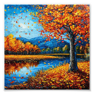 Autumn forest on the lake oil painting photo print
