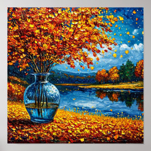 Autumn forest on the lake oil painting poster
