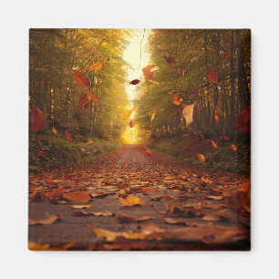 Autumn Forest Path Falling Leaves Magnet