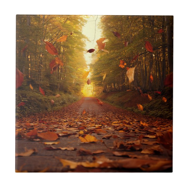 Autumn Forest Path Falling Leaves Tile (Front)