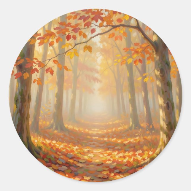 Autumn Forest Path Painterly Landscape Art Classic Round Sticker (Front)