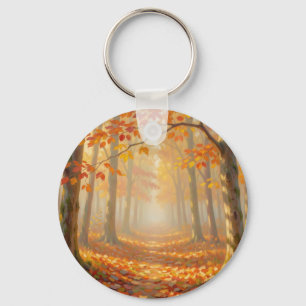 Autumn Forest Path Painterly Landscape Art Key Ring