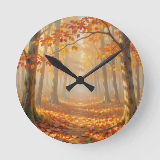 Autumn Forest Path Painterly Landscape Art Round Clock (Front)