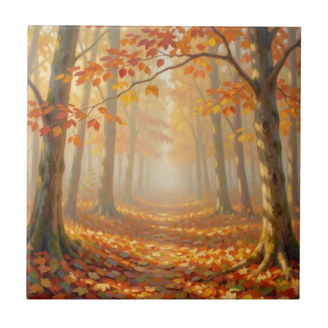 Autumn Forest Path Painterly Landscape Art Tile (Front)