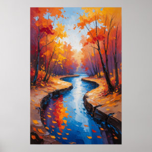 Autumn Forest Path with Flowing Stream Landscape Poster