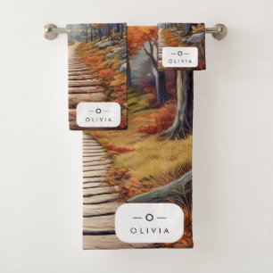 Autumn Forest Path with Name & Monogram Bath Towel Set