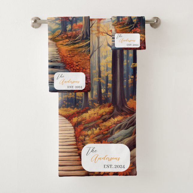Autumn Forest Path with Name & Year Bath Towel Set (Insitu)