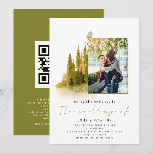 Autumn Forest Photo QR Code Olive Green Wedding Invitation (Front/Back)