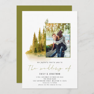 Autumn Forest Photo QR Code Olive Green Wedding Invitation