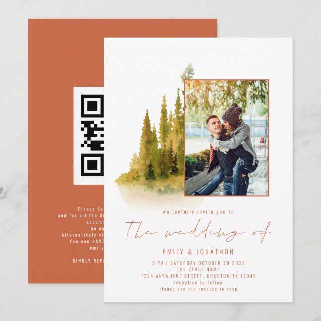 Autumn Forest Photo QR Code Terracotta Wedding Invitation (Front/Back)