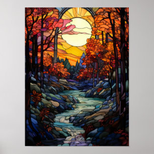 Autumn Forest Stained Glass with Mountain Stream Poster