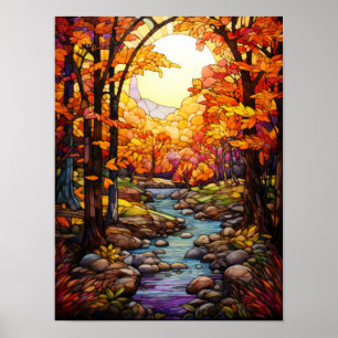 Autumn Forest Stream Stained Glass Window Design Poster