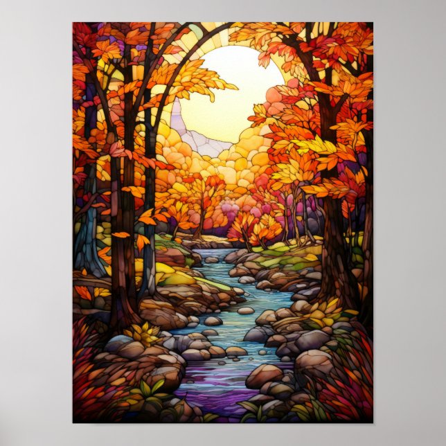 Autumn Forest Stream Stained Glass Window Design  Poster (Front)
