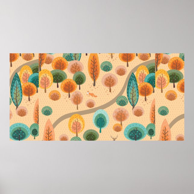 Autumn forest with abstract flat handdrawn trees a poster (Front)