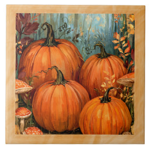 Autumn Forest with pumpkins and musrooms, framed, Tile