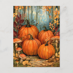 Autumn Forest with pumpkins and musrooms, Postcard