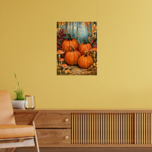 Autumn Forest with pumpkins and musrooms, Poster
