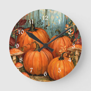 Autumn Forest with pumpkins and musrooms, Round Clock