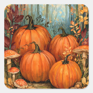 Autumn Forest with pumpkins and musrooms, Square Sticker