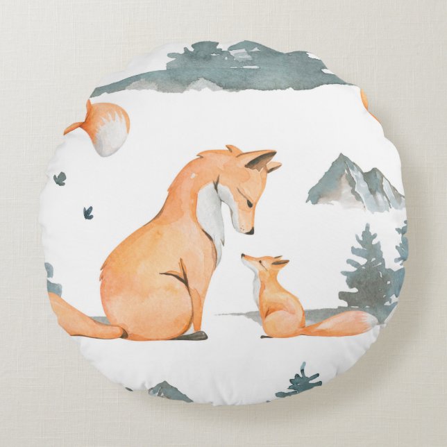 Autumn fox. Hand painted watercolor seamless patte Round Cushion (Front)