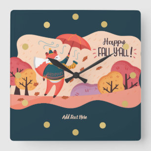 Autumn FOX Happy Fall Ya'll Personalised DECOR Square Wall Clock