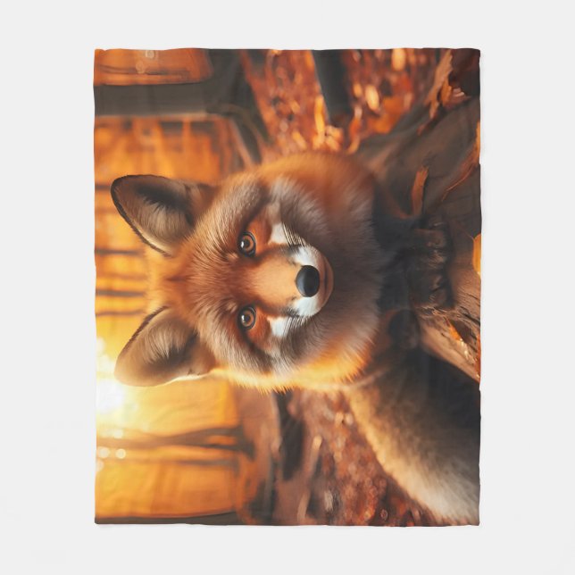Autumn Fox in Aesthetic & Cute Forest Charm Fleece Blanket (Front)