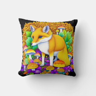 Autumn Fox in Mushrooms and Fall Leaves Cushion