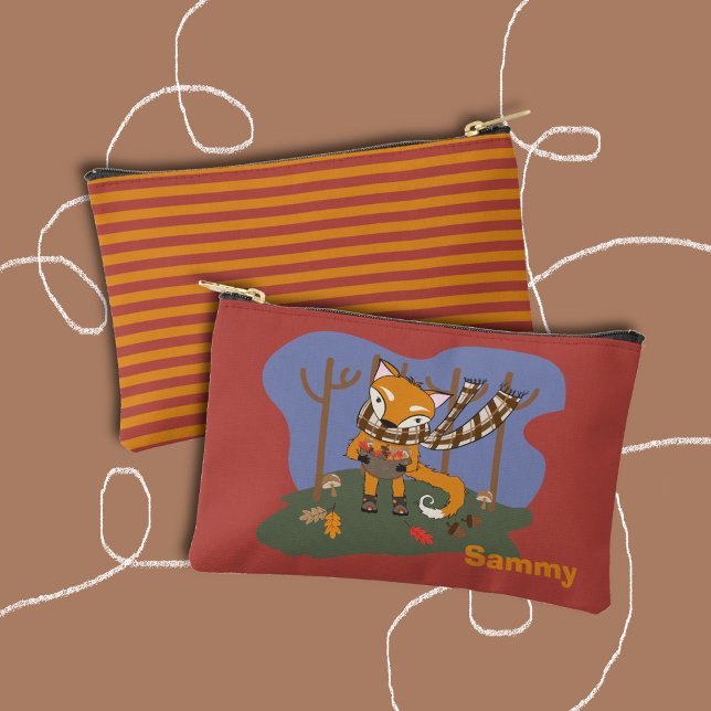 Autumn Fox Kid Zipper Pouch with Name (Cute kid zipper pouch with a cartoon fox on the front and a stripe pattern on the back .)