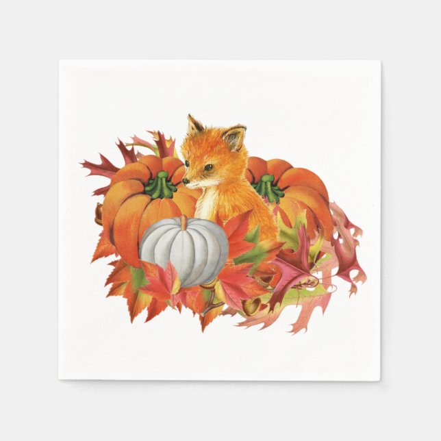 Autumn Fox Pumpkins Paper Napkins (Front)