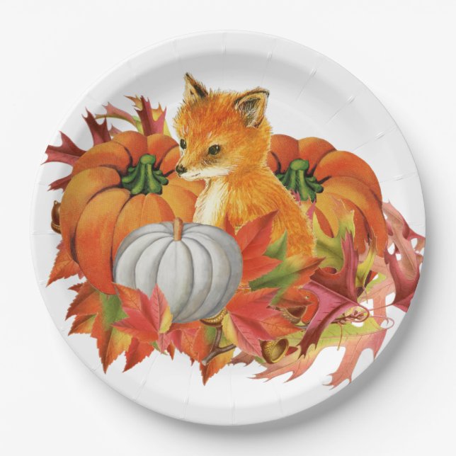 Autumn Fox Pumpkins Paper Plates (Front)
