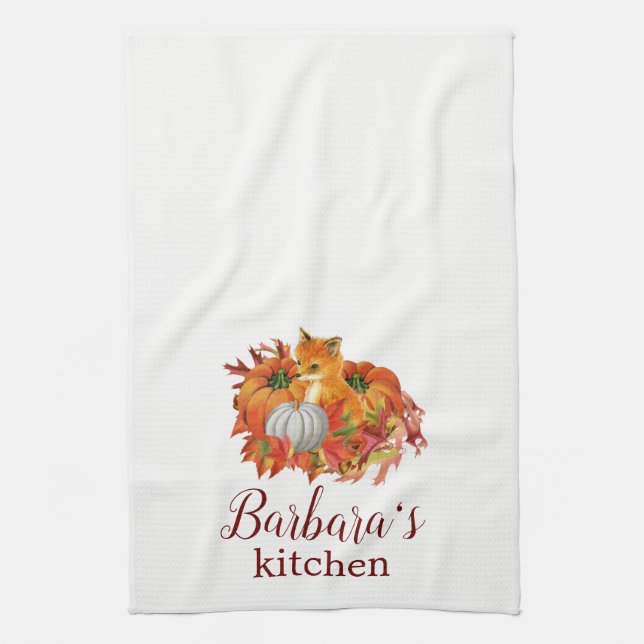 Autumn Fox Pumpkins Personalised Kitchen Towel (Vertical)