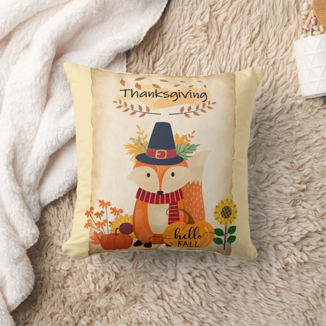 Autumn Fox Thanksgiving Sunflowers and Pumpkins  Cushion (Blanket)