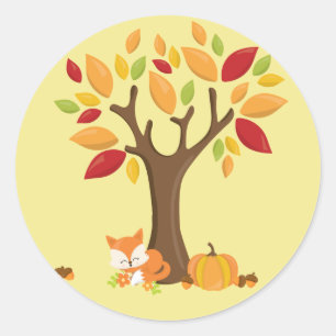 Autumn Fox under Tree with Pumpkin Classic Round Sticker