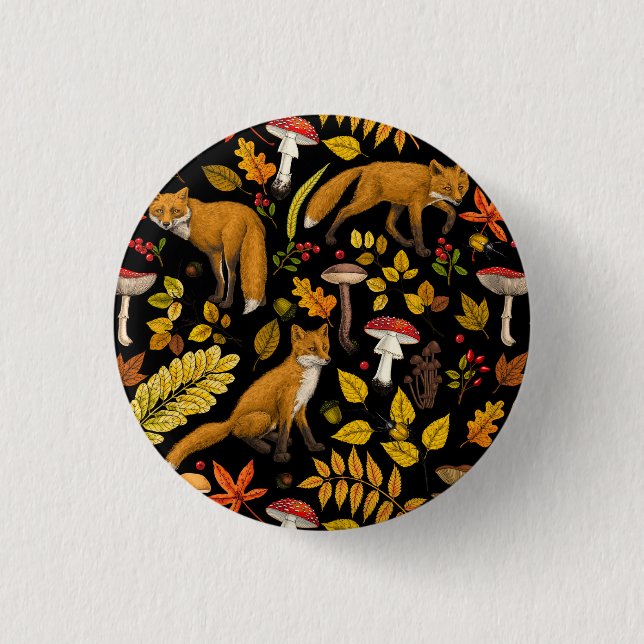 Autumn foxes on black 3 cm round badge (Front)