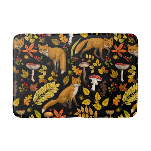 Autumn foxes on black bath mat (Front)
