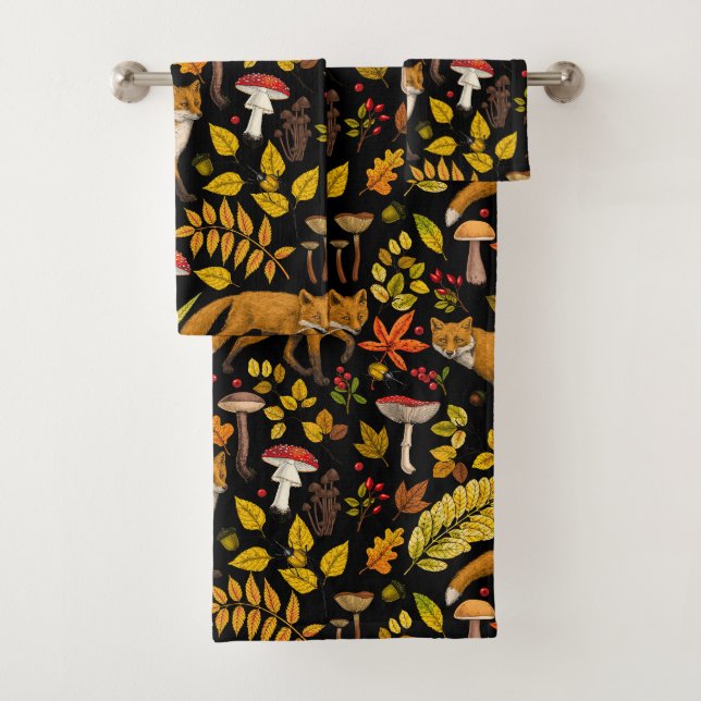 Autumn foxes on black bath towel set (Insitu)
