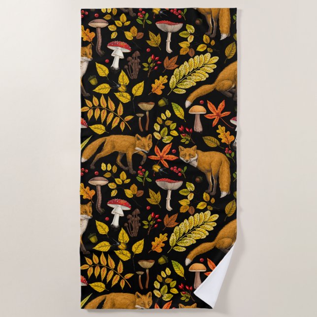 Autumn foxes on black beach towel (Front)