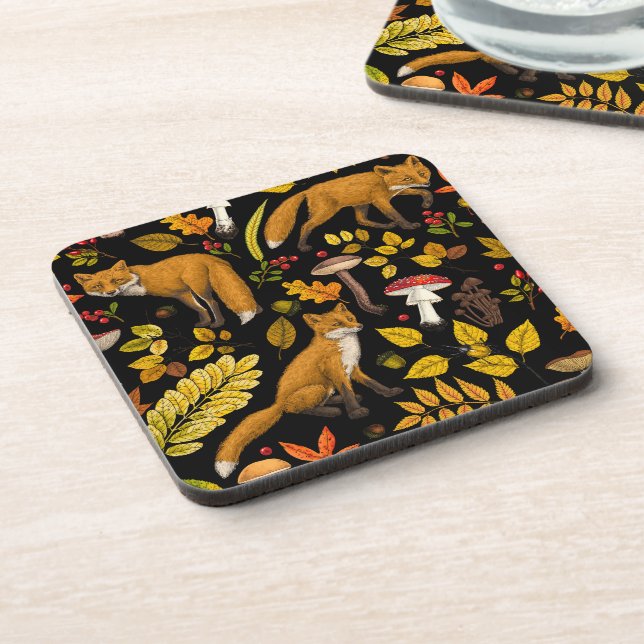 Autumn foxes on black coaster (Left Side)