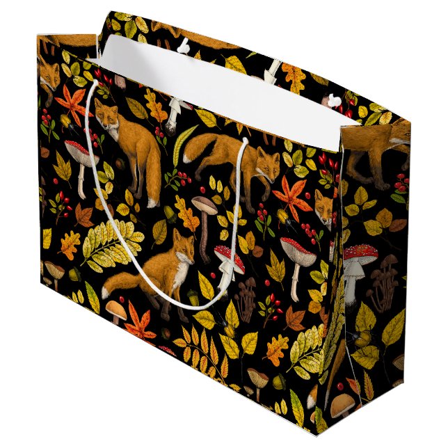 Autumn foxes on black large gift bag (Back Angled)