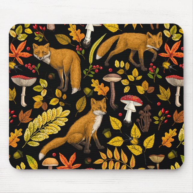 Autumn foxes on black mouse mat (Front)
