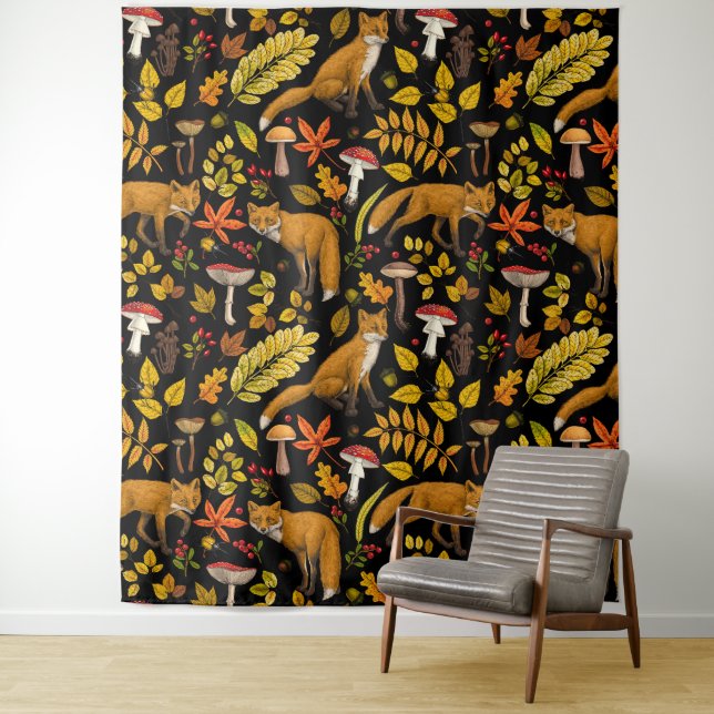 Autumn foxes on black tapestry (In Situ)