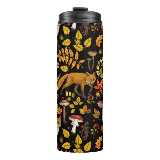 Autumn foxes on black thermal tumbler (Front)