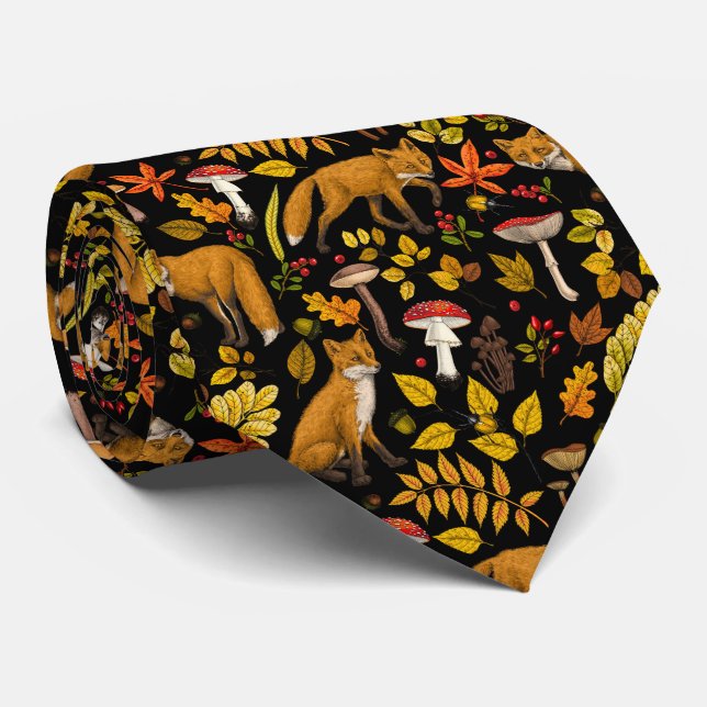 Autumn foxes on black tie (Rolled)