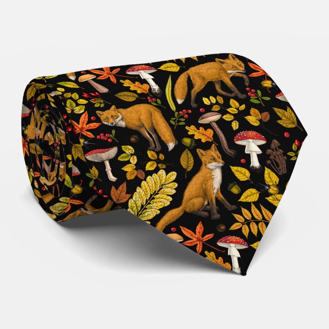 Autumn foxes on black tie (Rolled)