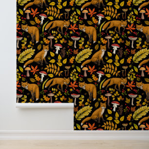 Autumn foxes on black wallpaper