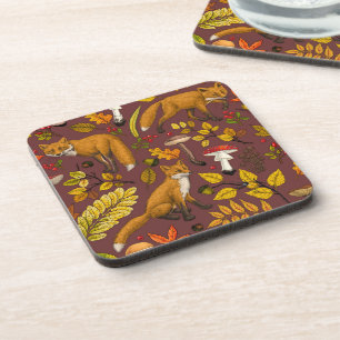 Autumn foxes on chocolate brown coaster