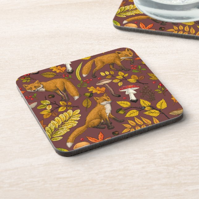 Autumn foxes on chocolate brown coaster (Left Side)